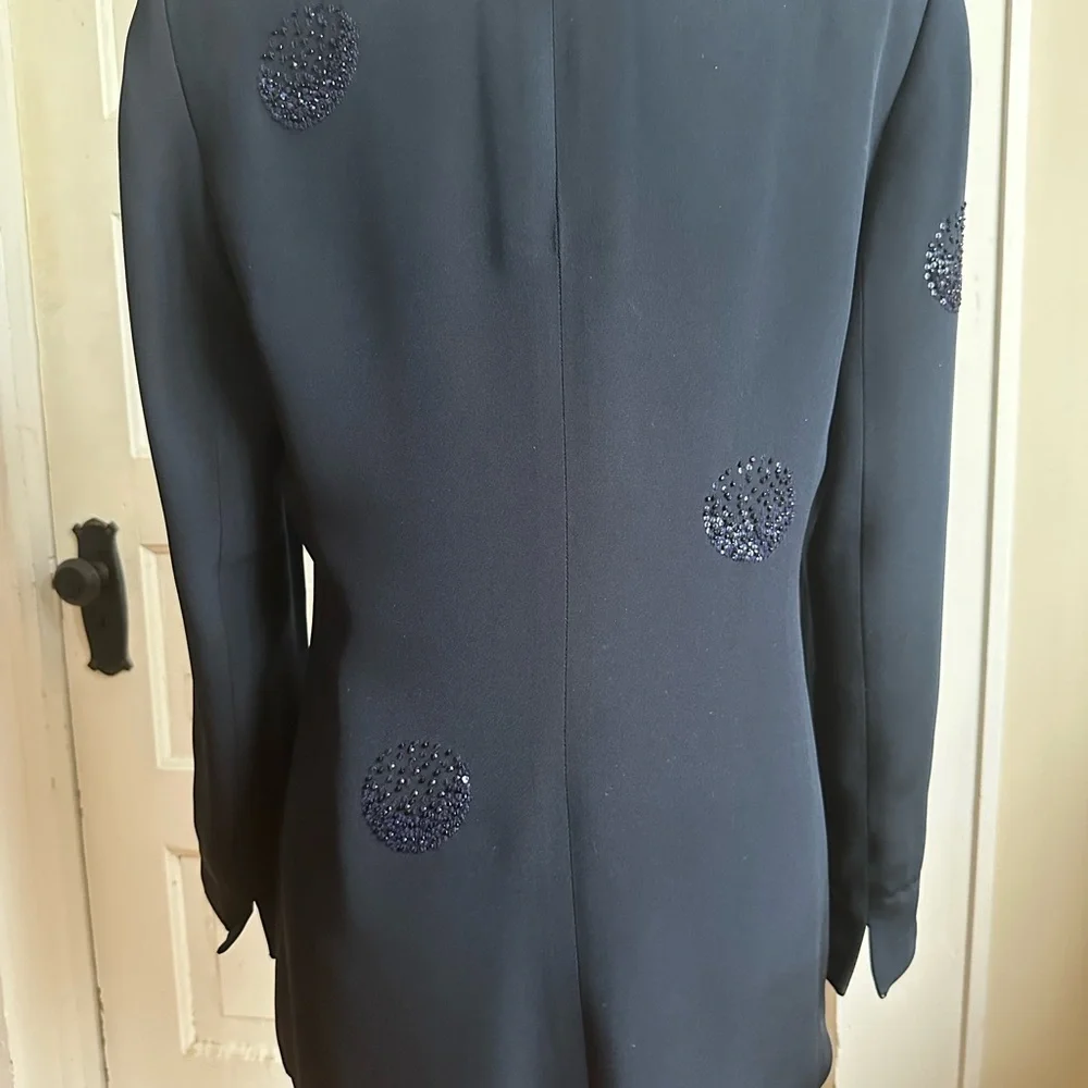 Akris Navy Silk Jacket with Hand Beaded Crystals Size 10 - Picture 4 of 16